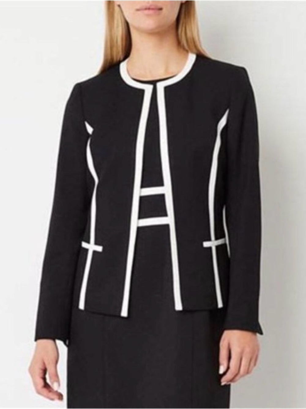 Black Label by Evan Picone Black Collarless Blazer with White Trim SZ 18 - Picture 9 of 11
